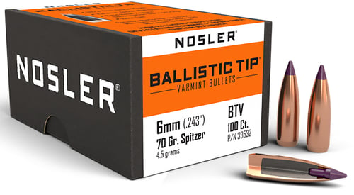 Nosler 39532 Ballistic Tip  6mm .243 70 gr Spitzer Point/ 100 Per Box