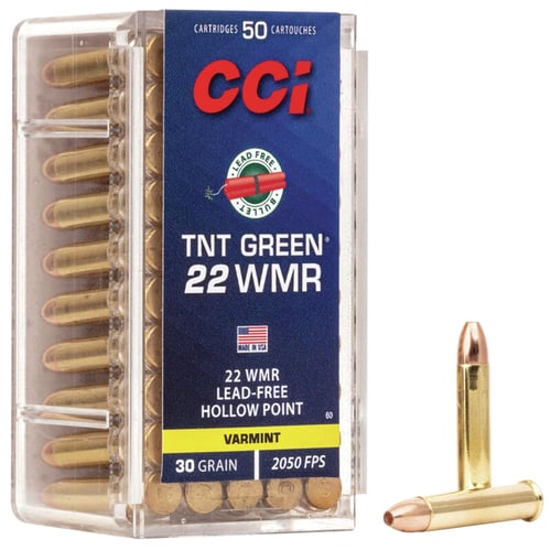 TNT GREEN 22 WMR 30GR TNT HP 50RD/BXTNT GREEN Rimfire Varmint Ammo 22 Win Mag - Lead-free bullet - Explosive terminal performance - Match-grade accuracy - 30 grain - TNT Green HP - 2050 ft/sec muzzle velocity - Reusable box - 50 rounds per boxzle velocity - Reusable box - 50 rounds per box