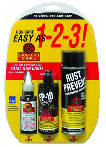 UNIVGUNCAREPACK 1EA MC702 FPL04 RP006Universal Gun Care Pack 2oz bottle of MC#7 Bore Cleaner & Conditioner, 4 oz bottle of FP-10 Lubricant Elite, 6 oz bottle of Rust Prevent Preservative/Lubricant - Everything you need to clean, lubricate & protect your firearms- Everything you need to clean, lubricate & protect your firearms
