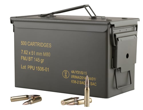 PPU PPN762MC Mil-Spec M80 Metal Can 308 Winchester/7.62 NATO 145 GR Full Metal Jacket Boat Tail 500 Bx/ 1 Cs