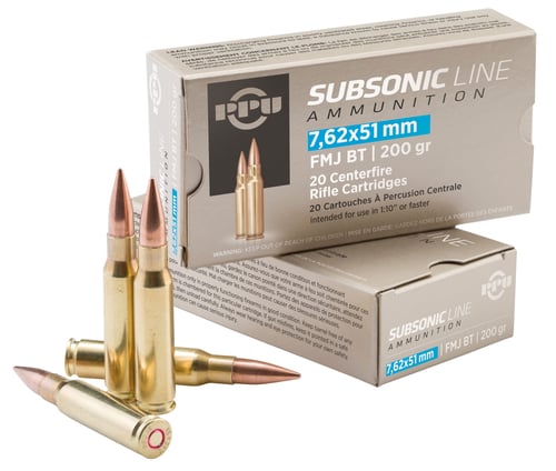 PPU PPS762 Subsonic  7.62x51mmNATO 200gr Full Metal Jacket Boat Tail 20 Per Box/10 Case | 7.62x51mm NATO | 8605003810100