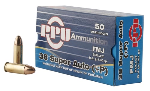 PPU Handgun Ammunition .38 Super Auto+P 130 gr FMJ 1213 fps 50/ct