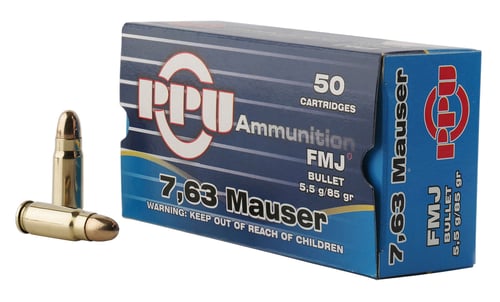 PPU PPH763 Handgun  7.63mm Mauser 85 gr Full Metal Jacket 50 Per Box/ 10 Case