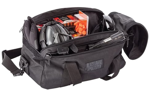 SPORTSTER PISTOL RANGE BAG BLKSportster Pistol Range Bag  Black 600 denier polyester - Main interior pocket has dual-slider opening for easy access - Two exterior slash mag pockets - Two flannel-lined rugs included - MOLLE webbing - Wraparound tactical web handles for snnel-lined rugs included - MOLLE webbing - Wraparound tactical web handles for stable carrytable carry