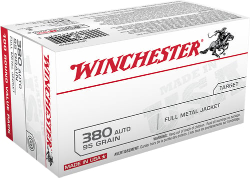 Winchester USA380VP Pistol Ammo 380 ACP, FMJ, 95 Gr, 955 fps, 100 Rnd