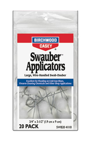 SWB20 SWAUBER APPLICATORS 20PKSwauber Applicators 20 applicators - Use them to apply gun blue chemicals or anyfirearm cleaning chemicals - Any job that requires the application of a liquid product, the Swauber is the right tool for the job!product, the Swauber is the right tool for the job!