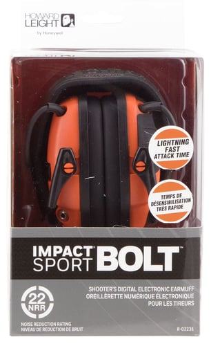 Howard Leight R02231 Impact Sport Bolt Electronic Muff 22 dB Over the Head Orange Ear Cups with Black Headband for Adult