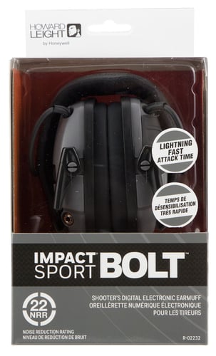 Howard Leight R02232 Impact Sport Bolt Electronic Muff 22 dB Over the Head Gray Ear Cups with Black Headband for Adults 1 Pair