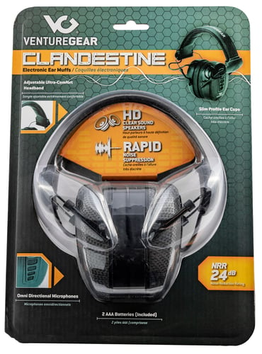 Pyramex VGPME17 Venture Gear Clandestine Electronic Muff 24 dB Over the Head Slim Profile Graphite Black Ear Cups with Black Headband for Adults 1 Pair Includes 2 AAA Batteries