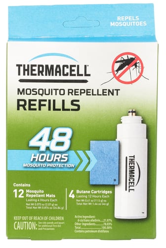 Thermacell R4 Repellent Refill  Effective 15 ft Odorless Scent Mat/Fuel Cartridges Repels Mosquito Effective Up to 48 hrs 4 Fuel Cartridges/12 Mats