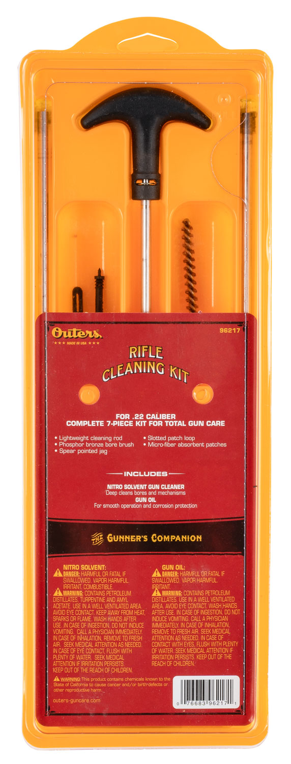 RIFLE 22 CAL CLEANING KIT ALUM RODS CLMRifle Cleaning Kit with Aluminum Rod - Clam Packaging.22 Cal Utilize to keep your firearm in prime condition - Includes aluminum rod, tips, patches and quality chemicalschemicals