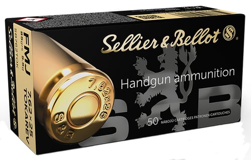 Sellier & Bellot SB762TOK Handgun  7.62x25mm Tokarev 85 gr Full Metal Jacket 50 Per Box/ 30 Case