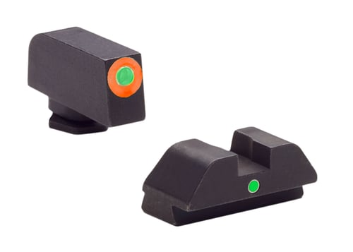 I-DOT NIT SIGHT GLK 42/43 GRNORG-GRNI-Dot Pistol Sight Set Black/Green/Orange Fits Glock 42/43 - Tritium illumination - US-Made Bar Stock Steel - Swiss-Made Tritium Light Sources - Green front and rear dots - Orange front outlinerear dots - Orange front outline