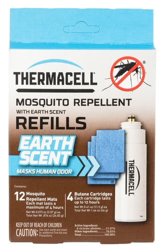 Thermacell E4 Repellent Refill  Effective 15 ft Earth Scent Mat/Fuel Cartridges Repels Mosquito Effective Up to 48 hrs 4 Fuel Cartridges/12 Mats