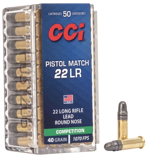 PISTOL MATCH 22LR 40GR LRN 50RD/BXPistol Match Rimfire Competition Ammo 22 Long Rifle - Proven accuracy in handguns - Precision-components - Top-of-the line functionality - Clean-burning - 40 grain - Lead Round Nose - 1070 ft/sec muzzle velocity - 50 rounds per boxain - Lead Round Nose - 1070 ft/sec muzzle velocity - 50 rounds per box