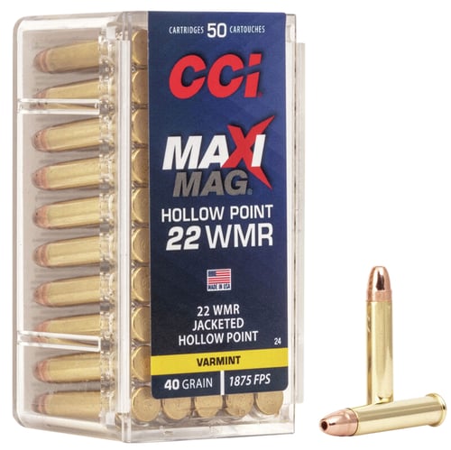 MAXI MAG 22 WMR 40GR JHP 50RD/BXMAXI-MAG Rimfire Varmint Ammo 22 WMR - Clean-burning propellants - Maximum velocities - Maximum energy transfer or impact - 40 grain - Jacketed Hollow Point - 1875 ft/sec muzzle velocity - Reusable box - 50 rounds per box875 ft/sec muzzle velocity - Reusable box - 50 rounds per box