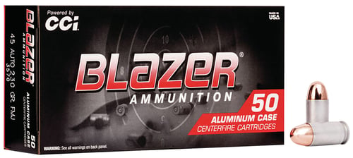 CENTERFIRE 45 AUTO 230GR FMJ 50RD/BXBlazer Centerfire Ammunition 45 Auto - 230 grain - Full Metal Jacket - 845 FPS -50 rounds per box - Aircraft-Grade aluminum is heat-treated for the same performance of brass-case ammo - Loaded with quality bullets and reliable ignition primance of brass-case ammo - Loaded with quality bullets and reliable ignition primersmers