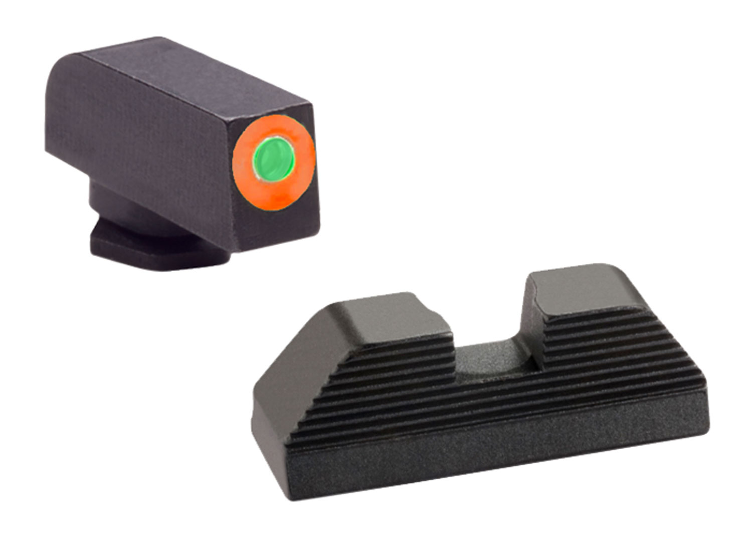 HACKTHRN SIGHT SET GLK 42/43 GRNORG-BLKHackathorn Pistol Sight Set Green/Orange/Black Fits Glock 43 - US-Made Bar StockSteel - Swiss-Made Tritium Light Source - Green Front Dot - Orange Front Outline - Solid Black Rear Sighte - Solid Black Rear Sight