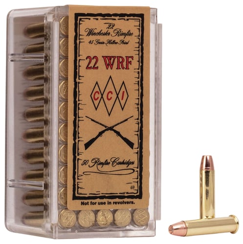 RIMFIRE 22 WRF 45GR JHP 50RD/BXCCI Rimfire Ammunition 22 WRF Specialty Ammo22 WRF - 19th Century favorite with21st century technology - Only 22 WRF JHP in the industry - Copper composition and special base make it ideal for old barrels - 45 grain - Jacketed Hollow Pointnd special base make it ideal for old barrels - 45 grain - Jacketed Hollow Point - 1300 ft/sec- 1300 ft/sec