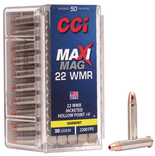 CCI 0059 Varmint Maxi-Mag Hyper Velocity 22 Winchester Magnum Rimfire (WMR) 30 GR Jacketed Hollow Point 50 Bx/ 40 Cs