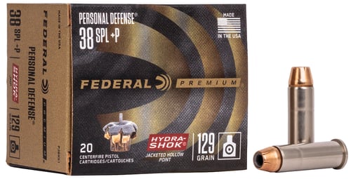 Federal P38HS1 Premium Personal Defense 38 Special +P 129 gr Hydra Shok Jacketed Hollow Point 20 Per Box/ 25 Case