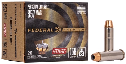 Federal P357HS1 Premium Personal Defense 357 Mag 158 gr Hydra-Shok Jacketed Hollow Point 20 Per Box/ 25 Case