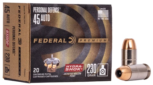 HYDRA SHOK 45 AUTO 230GR JHP 20RD/BXPersonal Defense Hydra Shok Ammunition 45 ACP - 230 GR - JHP - 900 FPS - 20/BX -Proven since its introduction in 1989, Hydra-Shok remains one of the most popular choices among self-defense experts. Federal Premium uses stringent manufacturar choices among self-defense experts. Federal Premium uses stringent manufacturing processesing processes