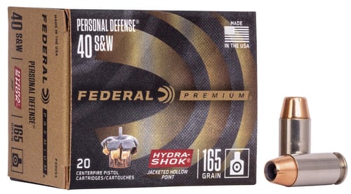 Federal P40HS3 Premium Personal Defense 40 S&W 165 gr Hydra-Shok Jacketed Hollow Point 20 Per Box/ 25 Case