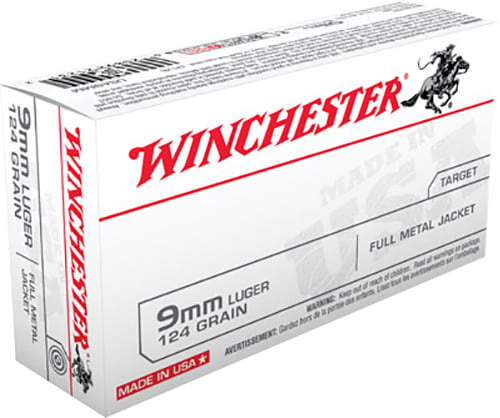 Winchester USA9MM Pistol Ammo 9MM FMJ, 124 Gr, 1140 fps, 50 Rnd, Boxed