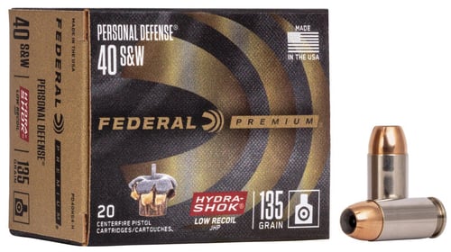 Federal PD40HS4H Premium Personal Defense Low Recoil 40 S&W 135 gr Hydra-Shok Jacketed Hollow Point 20 Bx/ 10 Cs