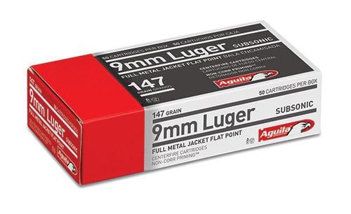 AMMO 9MM FMJ FLAT POINT 147GR 50RD/BXAguila Subsonic 9mm Luger - 50/bx 9mm Luger - Subsonic - Full metal jacket flatpoint - 147 Grain - 950 Muzzle velocity - 50/bx