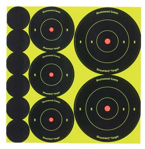 Birchwood Casey 34608 Shoot-N-C Reactive Target Variety Pack Self-Adhesive Paper Universal Black/Yellow Bullseye 132 Targets