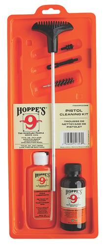 PISTOL 22 CAL CLEANING KIT CLAMPistol Cleaning Kit w/ Aluminum Rod .22 - Hoppe's No. 9 Bore Cleaner, 2 ounce -Hoppe's Lubricating Oil, 2.25 ounce - One-Piece Aluminum Cleaning Rod - Cleaning rod has a ball bearing swivel handle to follow the bore's riflingrod has a ball bearing swivel handle to follow the bore's rifling