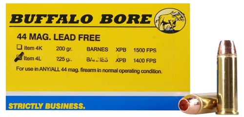 Buffalo Bore Ammunition 4L20 Buffalo-Barnes Strictly Business 44 Rem Mag 225 gr Barnes VOR TX XPB Lead Free 20 Per Box/ 12 Case