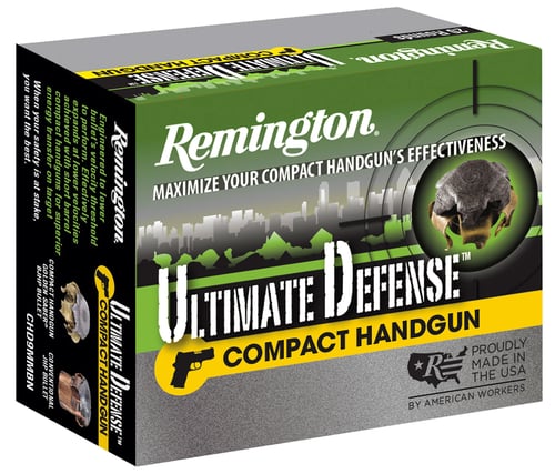 Remington Ammunition 28963 Ultimate Defense Compact Handgun 9mm Luger 124 gr Brass Jacket Hollow Point 20 Per Box/ 25 Case