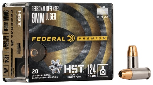 PREMIUM PD 9MM 124GR HST 20RD/BXPremium Personal Defense Ammunition 9mm Luger - 124 GR - HST - 1150 FPS - 20/BX- Specially designed hollow point expands reliably through a variety of barriers - Expanded diameter and weight retention produce the desired penetration for pe- Expanded diameter and weight retention produce the desired penetration for personal defensersonal defense