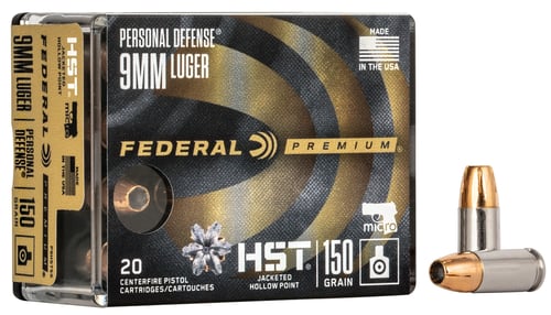 Federal P9HST5S Premium Personal Defense Micro 9mm Luger 150 gr HST Jacketed Hollow Point 20 Per Box/10 Cs