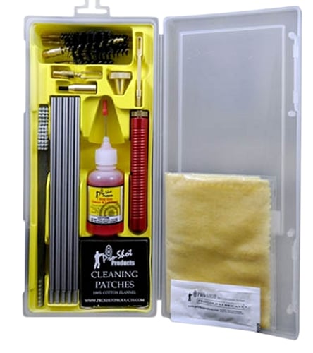 CLEANING KIT UNIVERSAL .22-12GA BOXPremium Classic Universal Cleaning Kit .22 Cal. Rifle through 12 ga Shotgun - Box - Cleaning rods, brass accessories, bore brush, cleaner, Flannel Cleaning patches, Wool bore mop, Double ended gun brush, Pro-Gold Lubricant Grease, & Siliconhes, Wool bore mop, Double ended gun brush, Pro-Gold Lubricant Grease, & Silicone treated clothe treated cloth