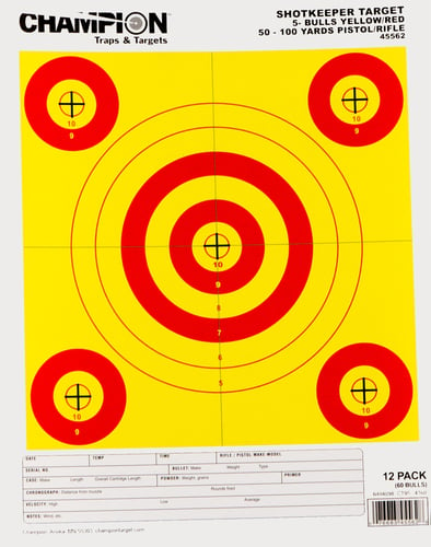 SHOTKEEPER 5 BULLS BRT YELL/RED SM 12 PKShotkeeper Targets Yellow/Red - Small - 5-Bull - 12/PK - High-quality, brightly-colored designs - Five bullseyes per target increases product life - 12 count per pack - Notes section for recording details for later reviewr pack - Notes section for recording details for later review