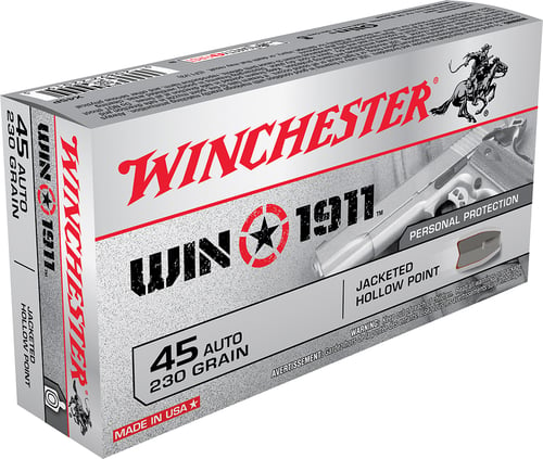 Winchester Ammo X45P Win1911 45 Automatic Colt Pistol (ACP) 230 GR Jacketed Hollow Point 50 Bx/ 10 Cs