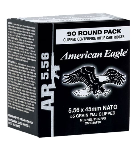 Federal XM193AF90 American Eagle Rifle 
Clip 223 Remington/5.56 NATO 55 GR Full Metal Jacket Boat Tail 90 Bx/ 5 Cs