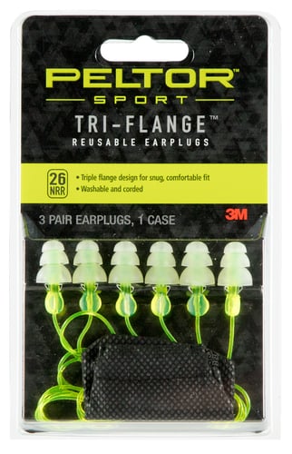 REUSABLE TRI - FLANGE E - A - R PLUGSPeltor Sport Tri-Flange Reusable Earplugs Yellow - NRR 26dB - Triple-flange design for snug, comfortable fit - 3-pair pack includes storage container to help keep plugs clean when not being wornep plugs clean when not being worn