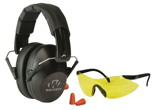 Walkers GWPFPM1GFP Pro Low Profile Passive Muff Combo Kit Includes Foam Ear Plugs, Low Profile 31 db Over the Head Passive Muff, Shooting Glasses w/Yellow Lens