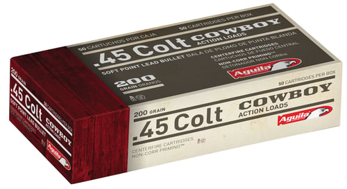 AMMO 45 COLT SOFT POINT 200GR 50RD/BXAguila Ammunition 45 Colt - 200 GR - SP - 600 FPS - 50/BX - TIME TO COWBOY UP. This round was developed for authentic cowboy action. Perfect for single action shooting and lever action shooters and hunters who value a more traditional optiohooting and lever action shooters and hunters who value a more traditional option, it offers con, it offers co