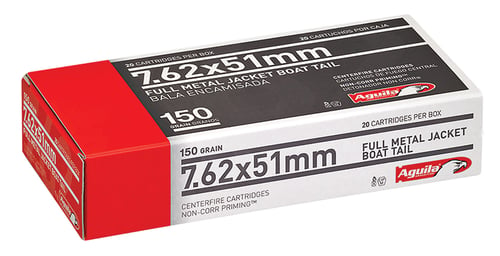 AMMO 762X51 MM FMJBT 150GR 20RD/BXAguila 7.62x51mm Rifle Ammunition - 20/bx 7.62x51mm - Full metal jacket boat tail - 150 Grain - 2750 Muzzle velocity - 20/bx