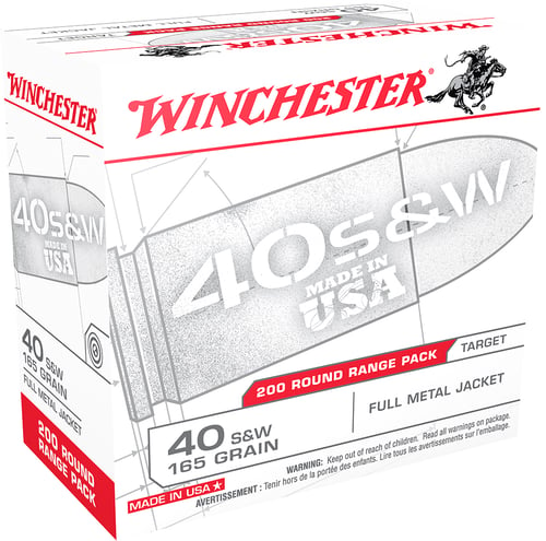 Winchester USA40W Pistol Ammo 40 S&W, FMJ, 165 Gr, 1060 fps, 200 Rnd