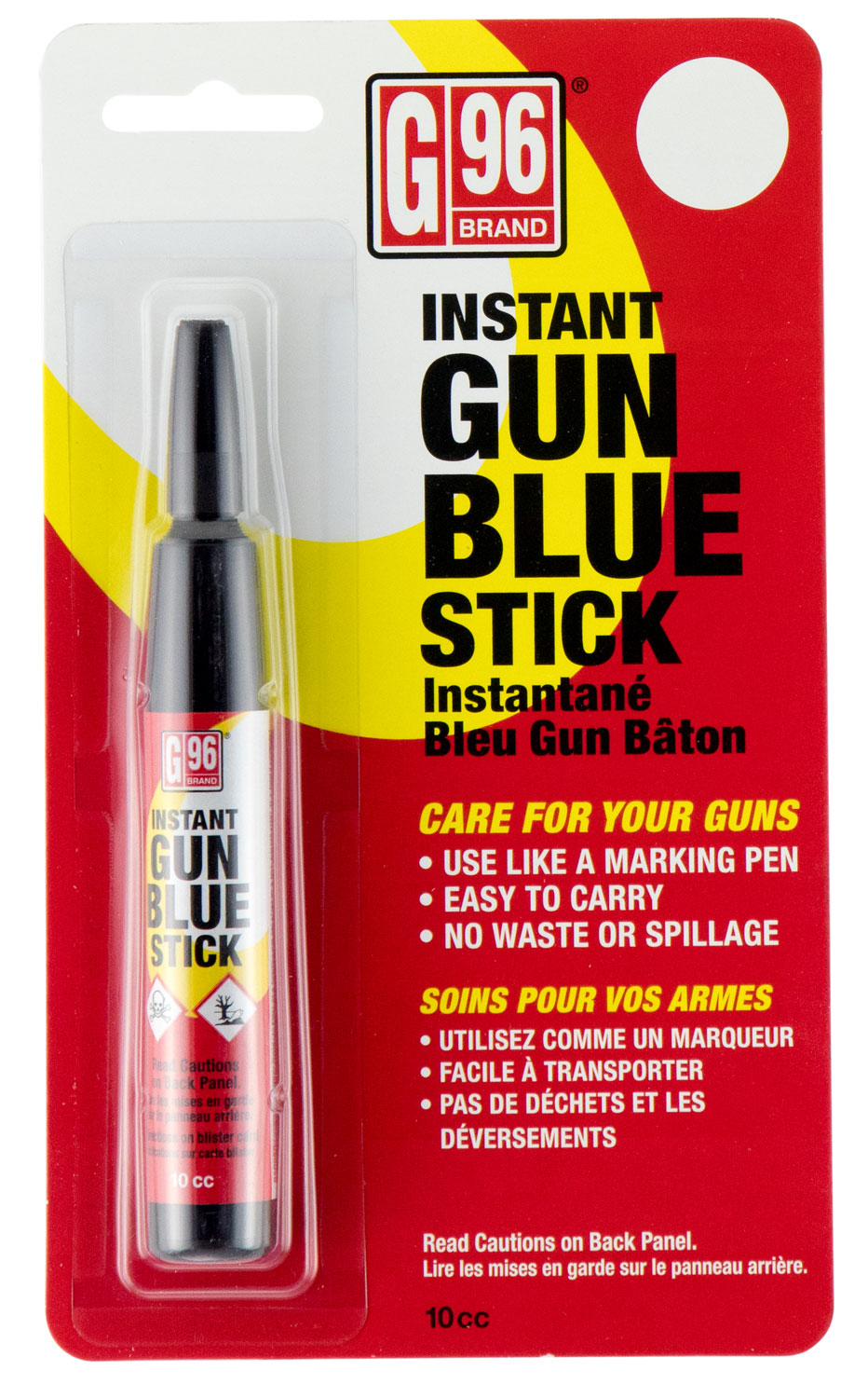 G96 STICK GUN BLUEG-96 Gun Blue Stick Instant action gun blue pen type dispenser makes it easy totouch up small marks and scratches with minimum preparation - Produces a rich dark blue that will not rub off or discolor - Ideal for use on finger guards, barrrk blue that will not rub off or discolor - Ideal for use on finger guards, barrel tips, etc.el tips, etc.