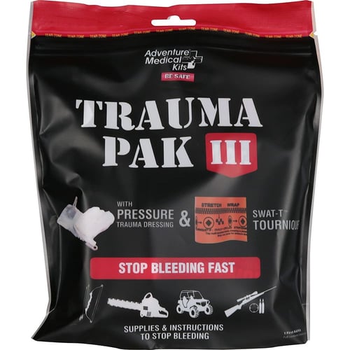 TRAUMA PAK IIITrauma Pak III Designed for immediate response - WoundStop Trauma Dressing - Trauma Response Instructions - Waterproof DryFlex Bag - Compact and Lightweight - Marker - EMT Shears - Nitrile Gloves - Triangular Bandagearker - EMT Shears - Nitrile Gloves - Triangular Bandage