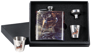 RIVERS EDGE POCKET FLASK W/2- SHOT GLASSES WHITETAIL DEER