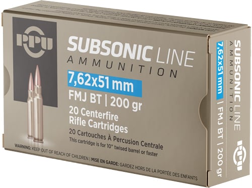 PPU PPS762 Subsonic  7.62x51mm NATO 200 gr Full Metal Jacket Boat Tail 20 Per Box/ 10 Case